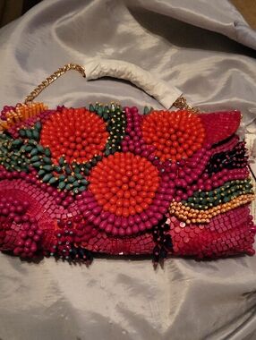 Handcrafted In India Beaded Floral Embellished Women’s Clutch magenta, Orange